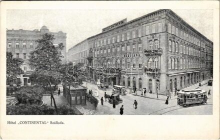 Budapest V. Hotel Continental szálloda (Oszvald ház), villamos, autók. Nádor utca 22. (1917-től az Országos Központi Hitelszövetkezet épülete)