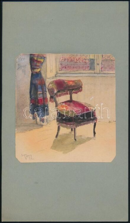 Kézdi Kovács László (1864-1942): Budapesti enteriőr, 1887. Akvarell, ceruza, papír, kartonon, jelzett. 12×11 cm
