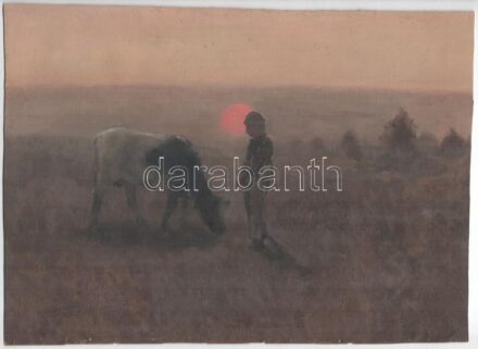 Kézdi Kovács László (1864-1942): Naplemente. Olaj, papír, jelezve balra lent. Jobb alsó sarkában sérült. 28×39 cm