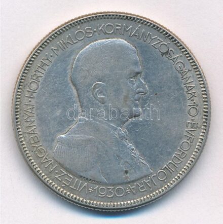 1930. 5P Ag 'Horthy jobbra' T:1-,2 patina, kis karc Adamo P8