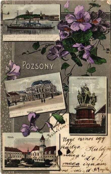 1906 Pozsony, Pressburg, Bratislava; Városi színház, Mária Terézia szobor, Fő tér, gőzhajó. Szecessziós virágos keret / theatre, monument, main square, steamship. Art Nouveau, floral frame (r)