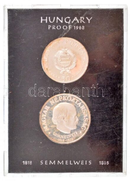 1968. 50Ft Ag + 100Ft Ag 'Semmelweis' eredeti, bontatlan fekete plasztik tokban T:1- (PP) patina, a tok pár kisebb helyen sérült Adamo EM27; EM28