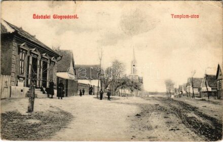 1914 Glogovác, Öthalom, Glogowatz, Glogovati, Vladimirescu; Templom utca. Kerpel Izsó kiadása / Church Street + 'K.u.K. Reservespital in Arad Fisher Eliz Palais' (gyűrődés / crease)