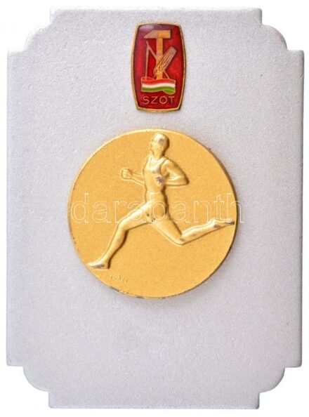 Iván István (1905-1968) DN 'SZOT (Szakszervezetek Országos Tanácsa)' zománcozott, aranyozott fém sport plakett (95x70mm) T:2 kopott aranyozás