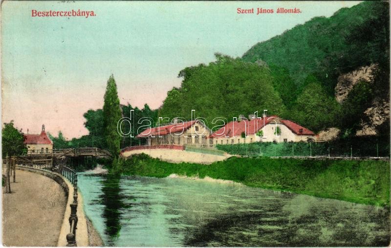 1908 Besztercebánya, Banská Bystrica; Garam részlet, Szent János (Szentjános) vasútállomás. Walther Adolf és Társa kiadása / Bahnhof / Hron riverside, railway station Banská Bystrica mesto (EK)