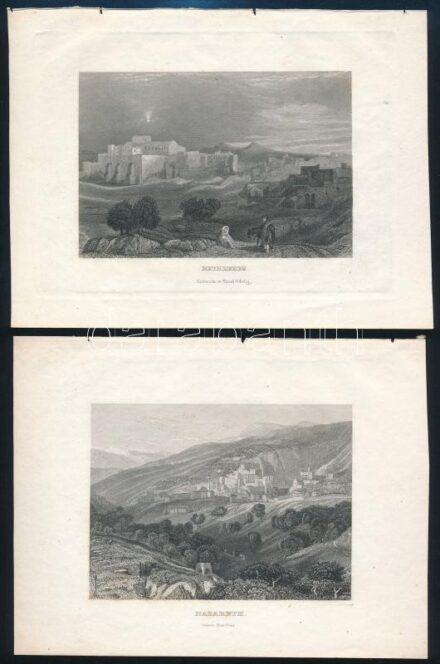 2 db metszet: Betlehem és Názáret. Acémetszet, papír, jelzés nélkül, Kunst Verlag/ Carlsruhe (Karlsruhe) kiadása, 7×11 cm