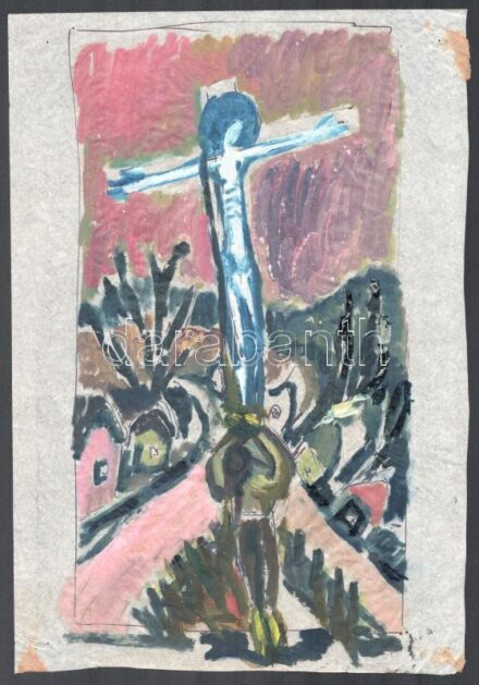 Stark Anna (1922-2000): Útszéli kereszt. Vegyes technika, pauszpapír, jelzés nélkül. Hátoldalán nővére, Stark Júlia igazolásával, 32×16,5 cm