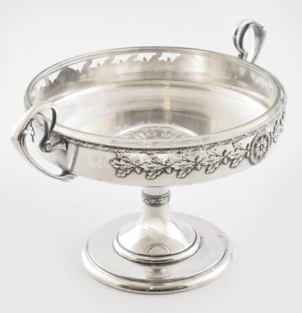 Argentor jelzett, szecessziós, talpas gyümölcskínáló, ezüstözött alpakka, hibátlan, m: 19cm