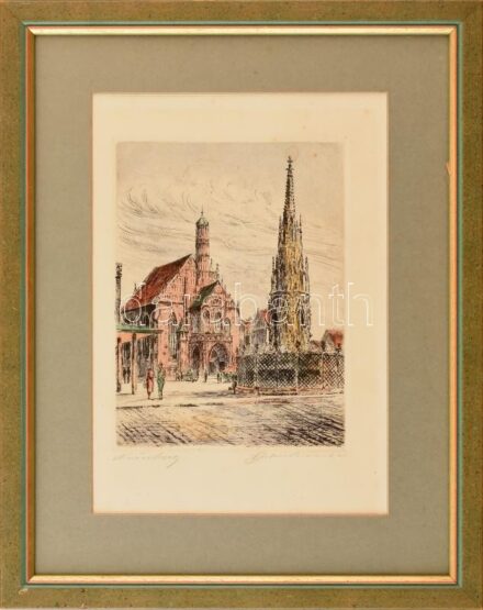 Olvashatatlan jelzéssel: Nürnberg. Rézkarc, papír. Kissé foltos. Dekoratív fakeretben. 20x15 cm