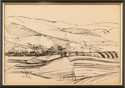 Szalmás Béla (1908-1961): Táj. Tus, papír, jelzés nélkül. Proveniencia: Róna Emy (1904-1988) hagyatéka. Üvegezett fakeretben, 24×34 cm