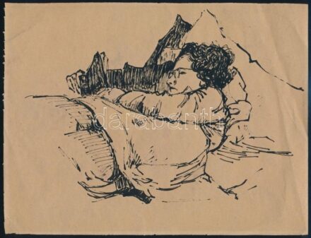 Szalmás Béla (1908-1961): Fekvő hölgy portréja. Tus, papír, jelzés nélkül. Proveniencia: Róna Emy (1904-1988) hagyatéka. 20×26 cm