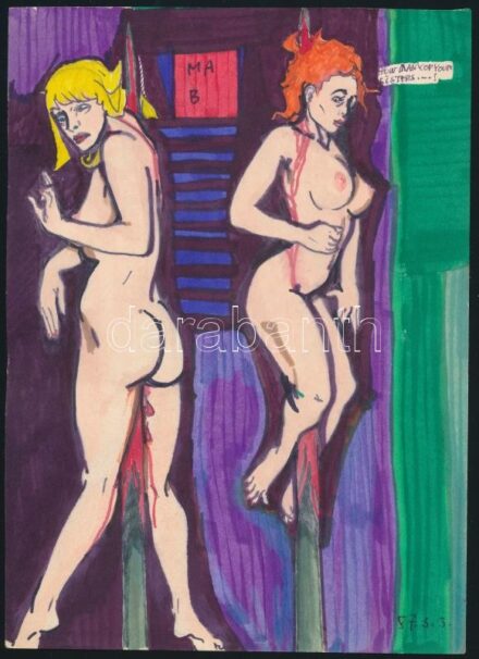 Jelzés nélkül: 3 db pornográf grafika, vegyes technika, papír, 17×23 cm