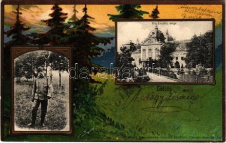 1902 Gödöllő, Királyi kastély eleje, Ferenc József vadászat közben. Nemesánszky Józsefné kiadása. Szecessziós litho keret erdővel / Art Nouveau litho frame with forest (EK)