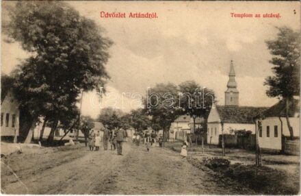 1911 Ártánd, Templom az utcával. Fogyasztási szövetkezet kiadása (EB)