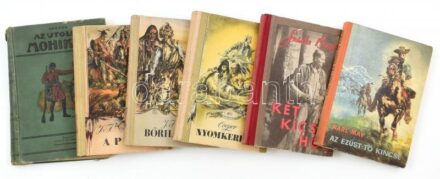 Vegyes könyvtétel, 6 db, közte 4 db Cooper kötet, 1 db Szürke Bagoly kötet, 1 db Karl May kötet. Különféle kiadásban és kötésben, változó állapotban, nagyrészt kopottak, közte sérült.