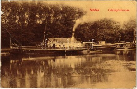 1908 Siófok, Gőzhajóállomás, 'BAROSS' gőzhajó, gőzös. Hirsch Mór kiadása (fa)