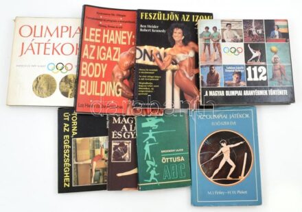 Vegyes könyvtétel, 8 db: Szalay :Magyar a lovon és gyalog, Sirokmány: Öttusa ABC, Demeter: Torna, út az egészséghez, Finley-Pleket: Az olimpiai játékok, Kahlich-Papp-Subert: Olimpiai játékok, Lukács-Szepesi 112, Lee Haney: Az igazi