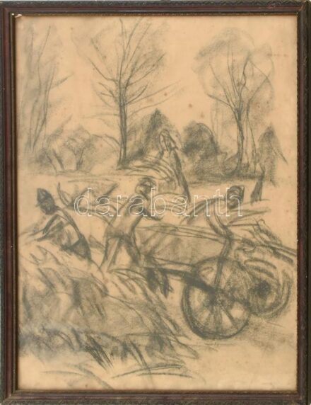 Jelzés nélkül, feltehetően XX. sz, első fele/közepe: Aratók. Szén, papír. 52x41 cm. Üvegezett, kissé sérült fakeretben.