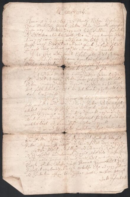 1690 Káposztásszentmiklós, magyar nyelvű tanúságlevél Pókai György birtokai ügyében, kis sérülésekkel / 1690 Nicoleşti, a testimony concerning the property of György Pókai, in Hungarian, with minor damages