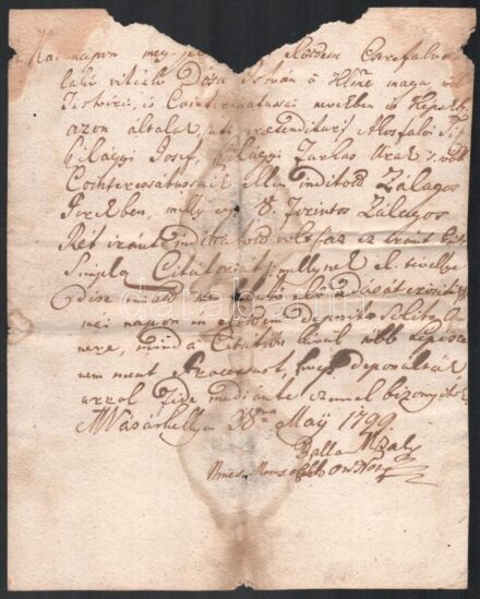 1799 Marosvásárhely, Balla Mihály, marosszéki jegyző bizonyságlevele cserefalvi Dózsa István nemes birtokügyében, magyarul, foltos, szakadásokkal / 1799 Târgu Mureş, a testimony letter by the notary of Scaunul Mureşului regarding the