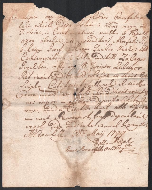 1799 Marosvásárhely, Balla Mihály, marosszéki jegyző bizonyságlevele cserefalvi Dózsa István nemes birtokügyében, magyarul, foltos, szakadásokkal / 1799 Târgu Mureş, a testimony letter by the notary of Scaunul Mureşului regarding the