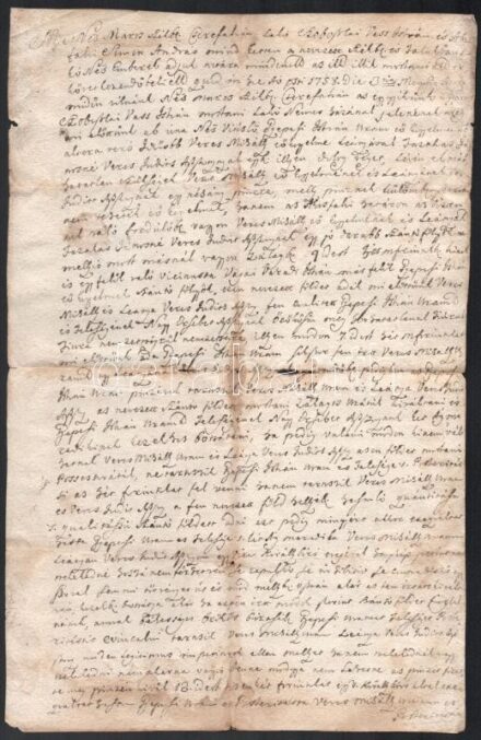 1758 Marosszéki (ákosfalvi és cserefalvi) ülnökök magyar nyelvű tanúságlevele szántóföldeket érintő zálogügyben, rányomott gyűrűspecsétekkel / 1758 A testimony written by Szekler noble assessors of Acăţari and Stejeriş
