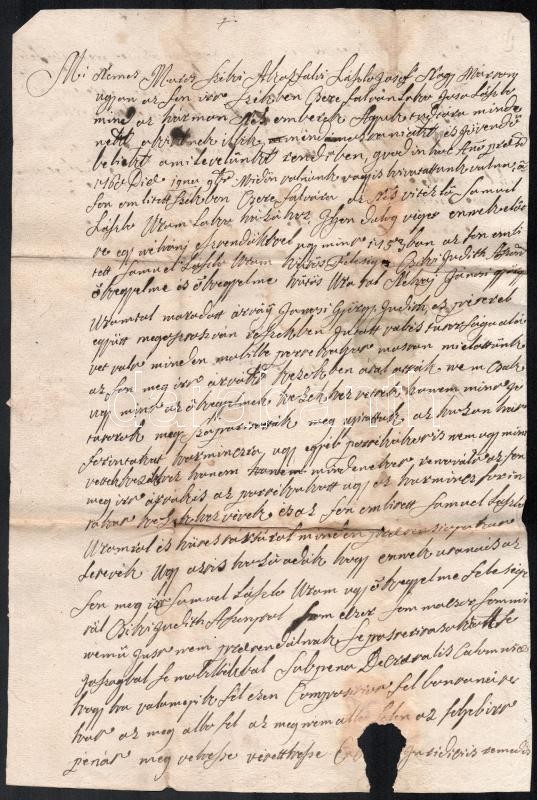 1760 Marosszéki (ákosfalvi és cserefalvi) ülnökök magyar nyelvű tanúságlevele árvákat is érintő hagyatéki ügyben, kis sérüléssel, rányomott gyűrűspecsétek helyével / 1760 A testimony written by Szekler noble assessors of