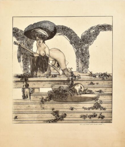 Franz von Bayros (1866-1924): Oh! Maintenant notre sang sunit. Erotikus Heliogravúr, papír, jelzett a nyomaton 16,5×16 cm