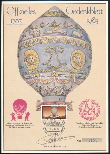 1983 Mongolfiere kongresszus aláírt, számozott emléklap / congress numbered commemorative sheet.