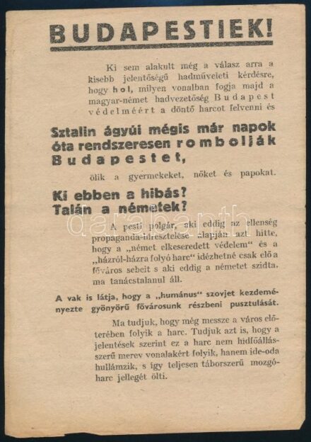 1944 december németpárti propaganda szórólap az ostromlott Budapestnek