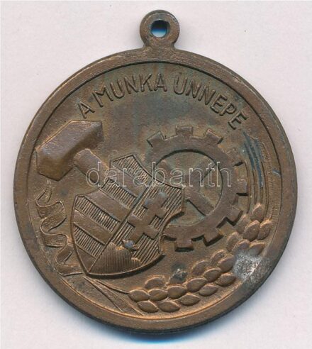 ~1950-1960. 'A munka ünnepe / Május 1. - Országos Sport Hivatal' kétoldalas fém emlékérem füllel (35mm) T:2 patina