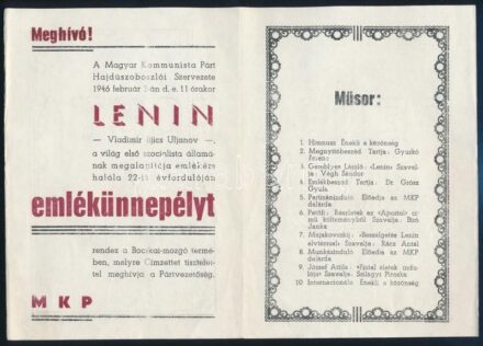 1946 Meghívó Lenin az MKP emlékünnepélyére