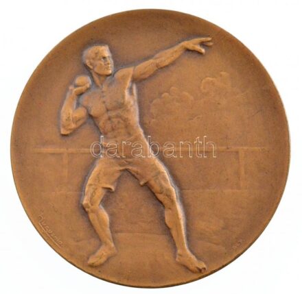 1927. 'PKTSE (Pénzintézeti Központ Alkalmazottainak Sportegyesülete) - Súlydobás - 1927-28-29' kétoldalas Br sport emlékérem, hátoldalán gravírozva, 'Huguenin' gyártói jelzéssel (50mm) T:1- patina