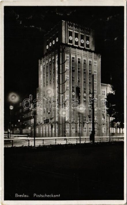 1939 Wroclaw, Breslau; Postscheckamt / post office at night with Nazi swastika flags (EK)