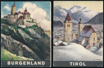 cca 1920-1930 Osztrák idegforgalmi prospektusok, magyar nyelven, 4 db: Tirol, Stájerország, Salzburg, Burgenland. Bp., én., Phönix Életbiztosító Társaság Idegenforgalmi Propaganda Osztálya. Fekete-fehér fotókkal.