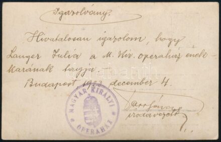 1923 Bp., Igazolás a M. Kir. Operaház énekkarának egyik tagja számára