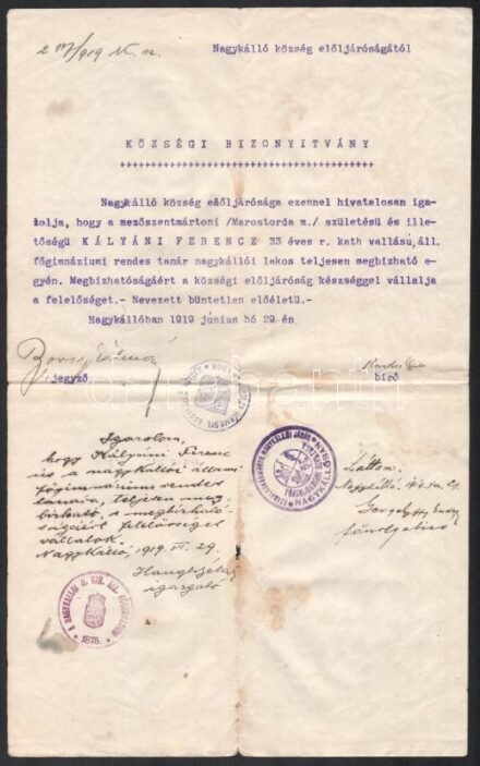 1919 Vegyes igazolvány tétel, közte 3 db nagykállói és 1 db nyíregyházi irat és igazolvány, román megszálló csapatok időszakából, 1919. jún. 29.- július 20., közte sérült, hiányos