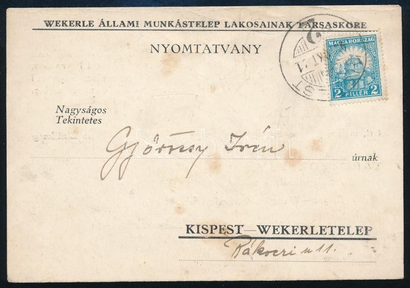1927 Wekerle Állami Munkástelep Lakosainak Társasköre által küldött meghívó rendkívüli közgyűlésre