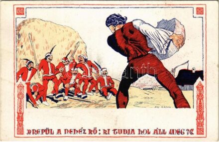 Repül a nehéz kő: ki tudja hol áll meg?. Fáy Aladár iparrajziskolai tanár rajzsorozata Arany János 'Toldi'-jához, Jelenet a III. énekből