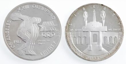 Amerikai Egyesült Államok 1983S 1$ Ag + 1984S 1$ Ag 'XXIII. Nyári Olimpia Los Angeles' eredeti dísztokban tanúsítványokkal T:PP felületi karc, ujjlenyomat, fo., patina USA 1983A 1 Dollar Ag + 1984S 1 Dollar Ag 'Los Angeles XXIIIth