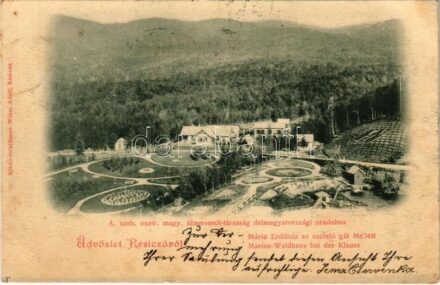 1900 Resicabánya, Resicza, Recita, Resita; A szab. osztr. magy. államvasút-társaság délmagyarországi uradalma. Mária erdőház az úsztató gát mellett. Weiss Adolf kiadása / Marien-Waldhaus bei der Klause / forester's villa near the dam