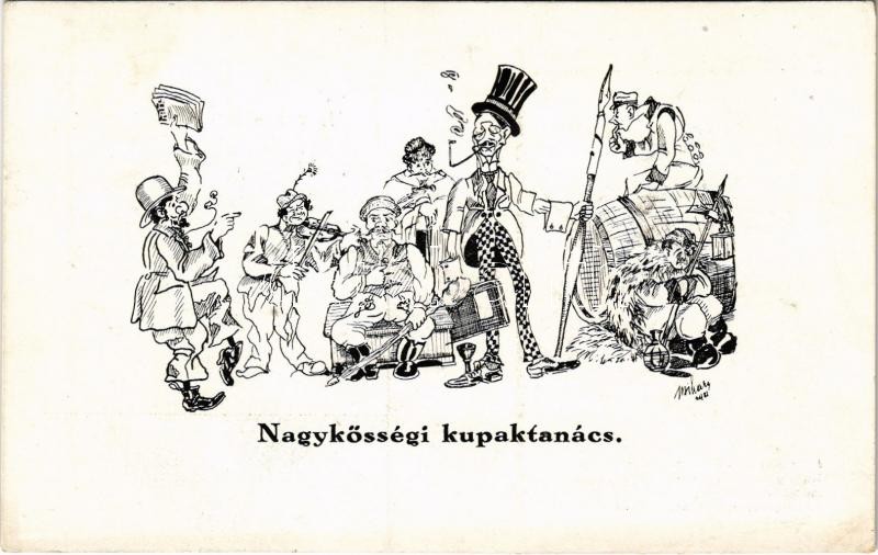 1942 Sopron, A soproni diákéletből V. Nagykösségi kupaktanács. Lengyel Z. fkm. tervei után rajzolta Bihary L. bmh. Képünk a Steingruben nagyközség életét, s annak egy kimagasló pillanatát ábrázolja. Röttig-Romwalter nyomda rt.