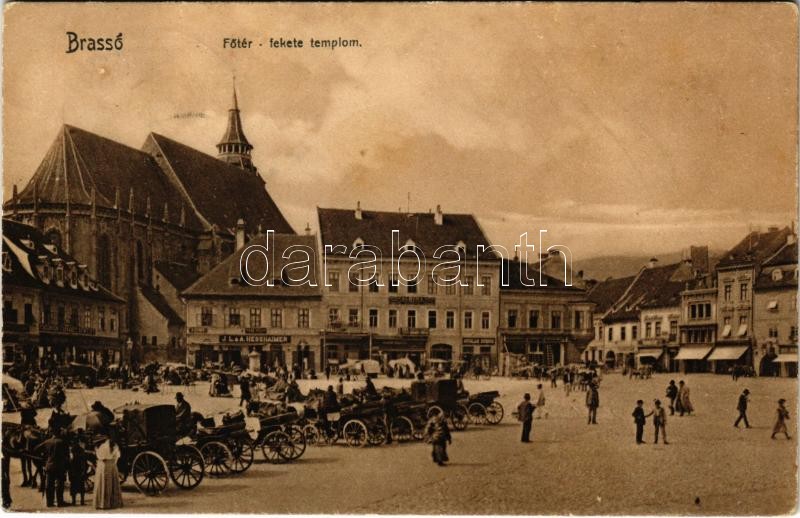 1908 Brassó, Kronstadt, Brasov; Fő tér, piac, hintók, Fekete templom, fogorvos, Albina, Nicolae Dusoiu és J.L. & A. Hesshaimer üzlete. Zeidner H. kiadása / main square, market, church, dentist, shops