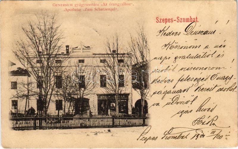 1901 Szepesszombat, Spisská Sobota; Genersich gyógyszertára 'Az őrangyalhoz'. Tulajdonos levele és pecsétje / Apotheke zum Schutzengel / pharmacy. Owner's letter (EK)