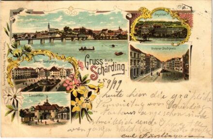 1899 (Vorläufer) Schärding, Insitut, Unterer und Oberer Stadtplatz, Linzerthor. Max Weiglein / sanatorium, squares, gate. Art Nouveau, floral, litho (fl)