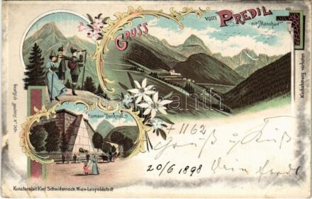 1898 (Vorläufer) Predil mit Mannhart, Mangart ; Hermann Denkmal. Kunstanstalt Karl Schwidernoch Art Nouveau, floral, litho