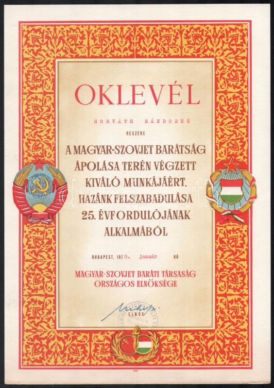 1970 Az MSZMP és a Magyar-Szovjet Baráti Társaság oklevelei, 2 db - Image 2
