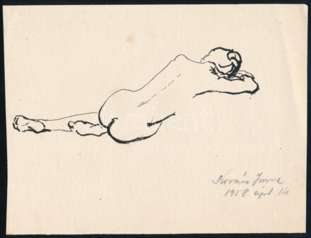 Kovács Imre (?-): Fekvő akt, tus, papír, jelzett, 15×19 cm