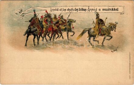 Árpád et les chefs des tribus / Árpád a vezérekkel; Ezredéves Országos Kiállítás, piros 5 Kr Ga. litho