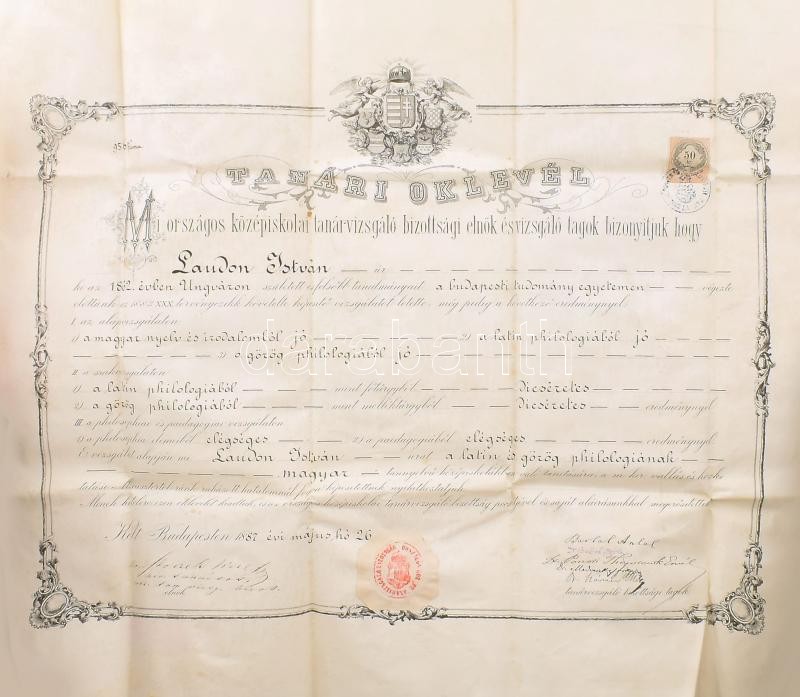 1887 Laudon István (1862-1924) ungvári tanár, botanikus nagyméretű díszer pergamen tanári oklevele 60x50 cm